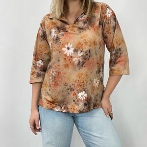 Vintage Handmade Floral Cropped Sleeve Collared Top